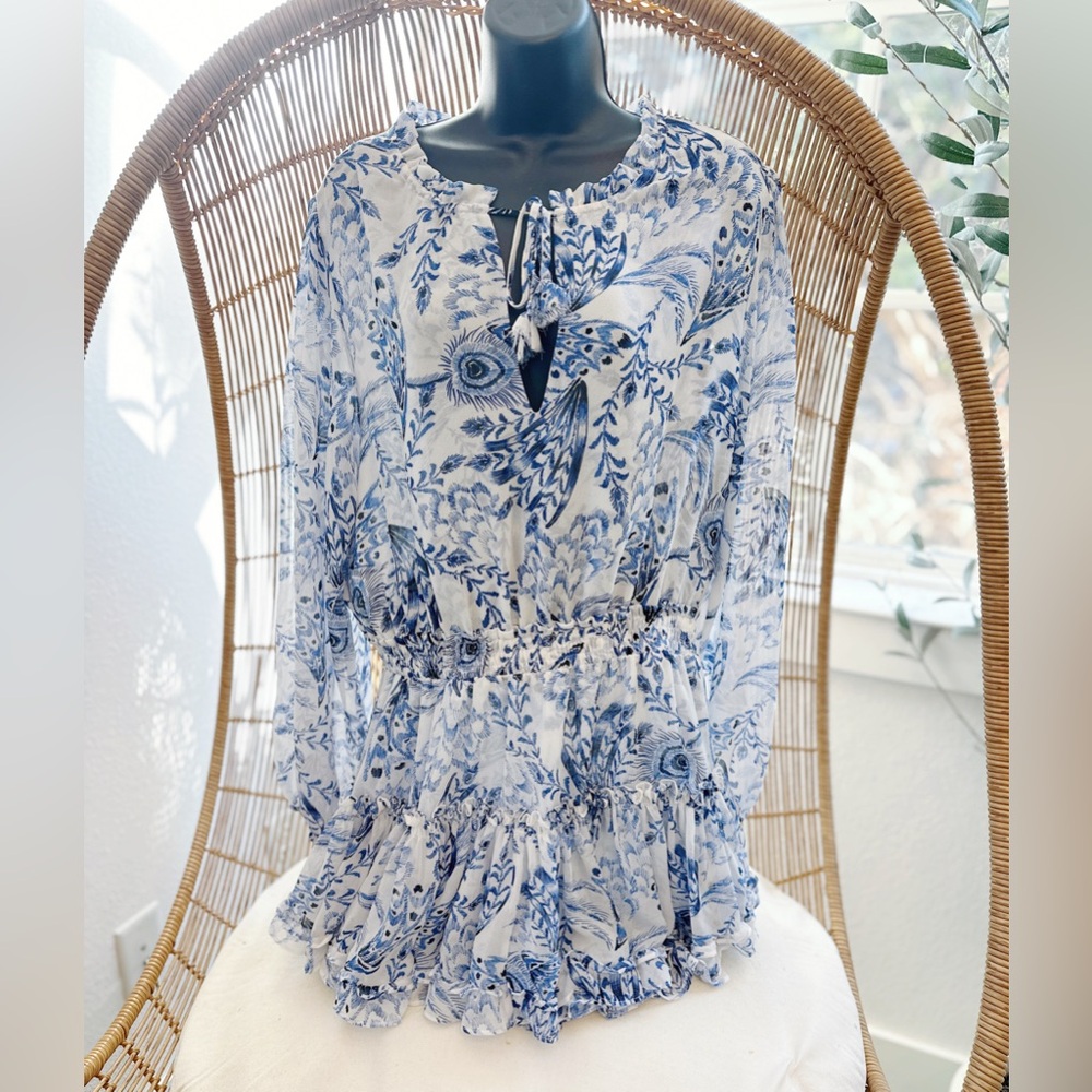 MISA LOS ANGELES SHADI BLUE PEACOCK PRINT RUFFLED CHIFFON MINI DRESS SIZE LARGE